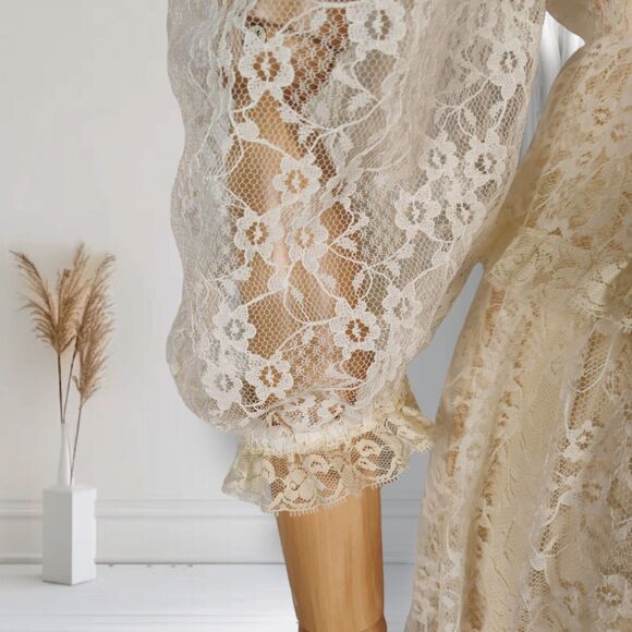 Vintage 70s Lace Puff Sleeve Midi Dress Size 4 Boho Wedding Cocktail - Picture 6 of 14